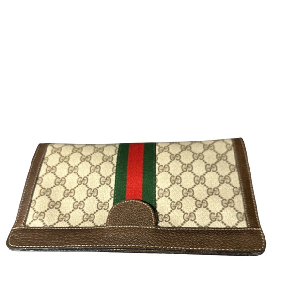 Authentic Vintage Gucci GG Brown & Beige Sherry Line Green/Red Clutch Bag - Picture 6 of 11